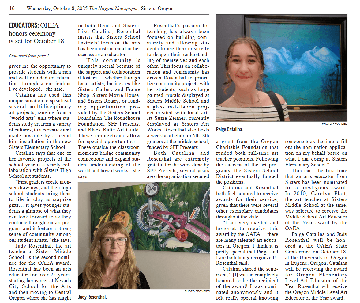 Page 16 clipping with profiles of Paige Catalina and Judy Rosenthal and details about OAEA honors.