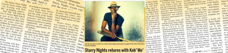 Starry Nights returns with Keb’ Mo’ announcement banner, The Nugget Newspaper clippings collage.
